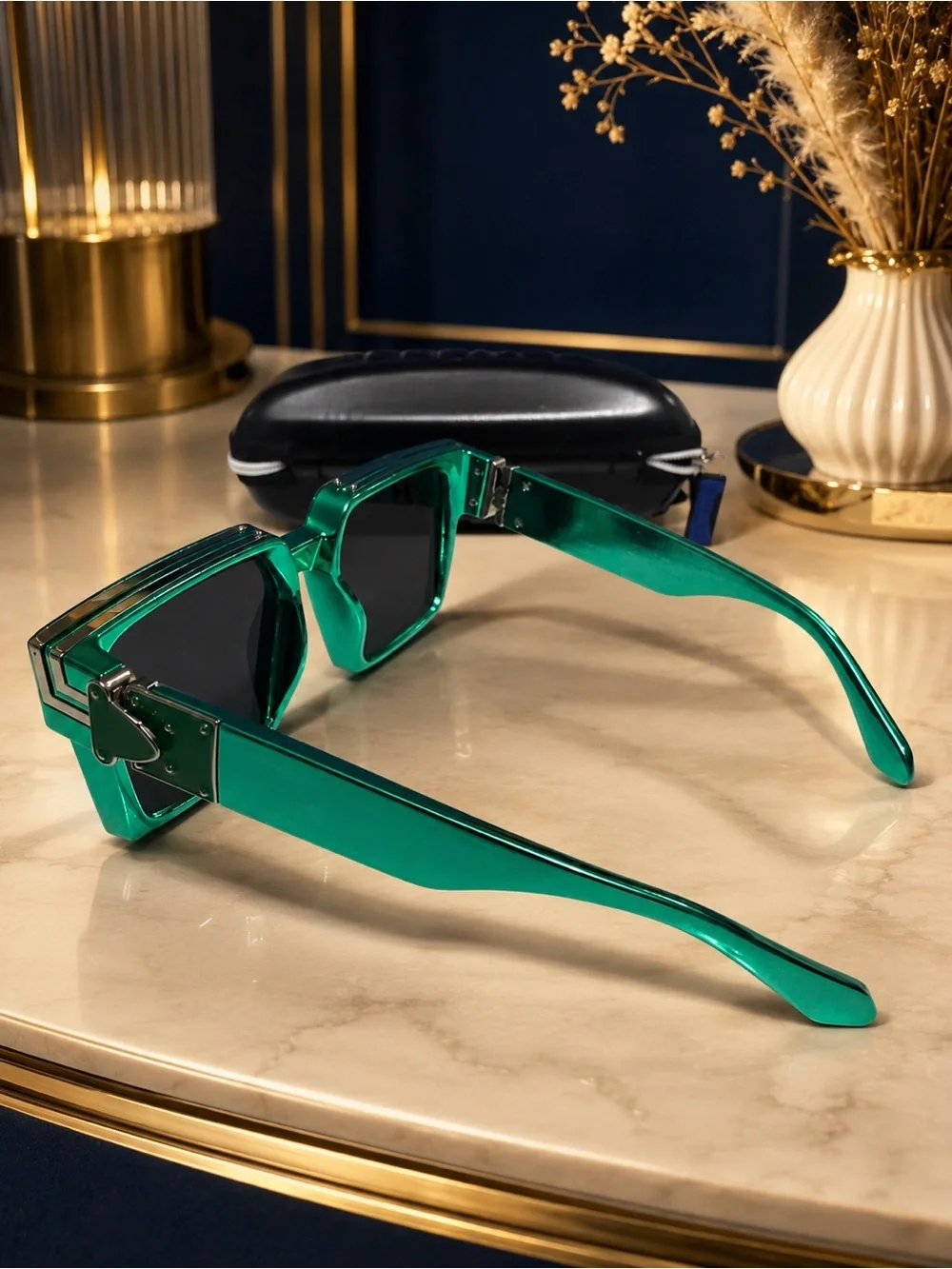 Unisex Emerald Green Square Sunglasses with Gold-Tone Detail